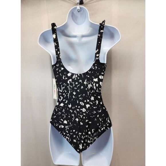 DKNY Size XS Women's Ruffle Neck One-Piece Swimsuit Black/white Tummy Control - Picture 3 of 5